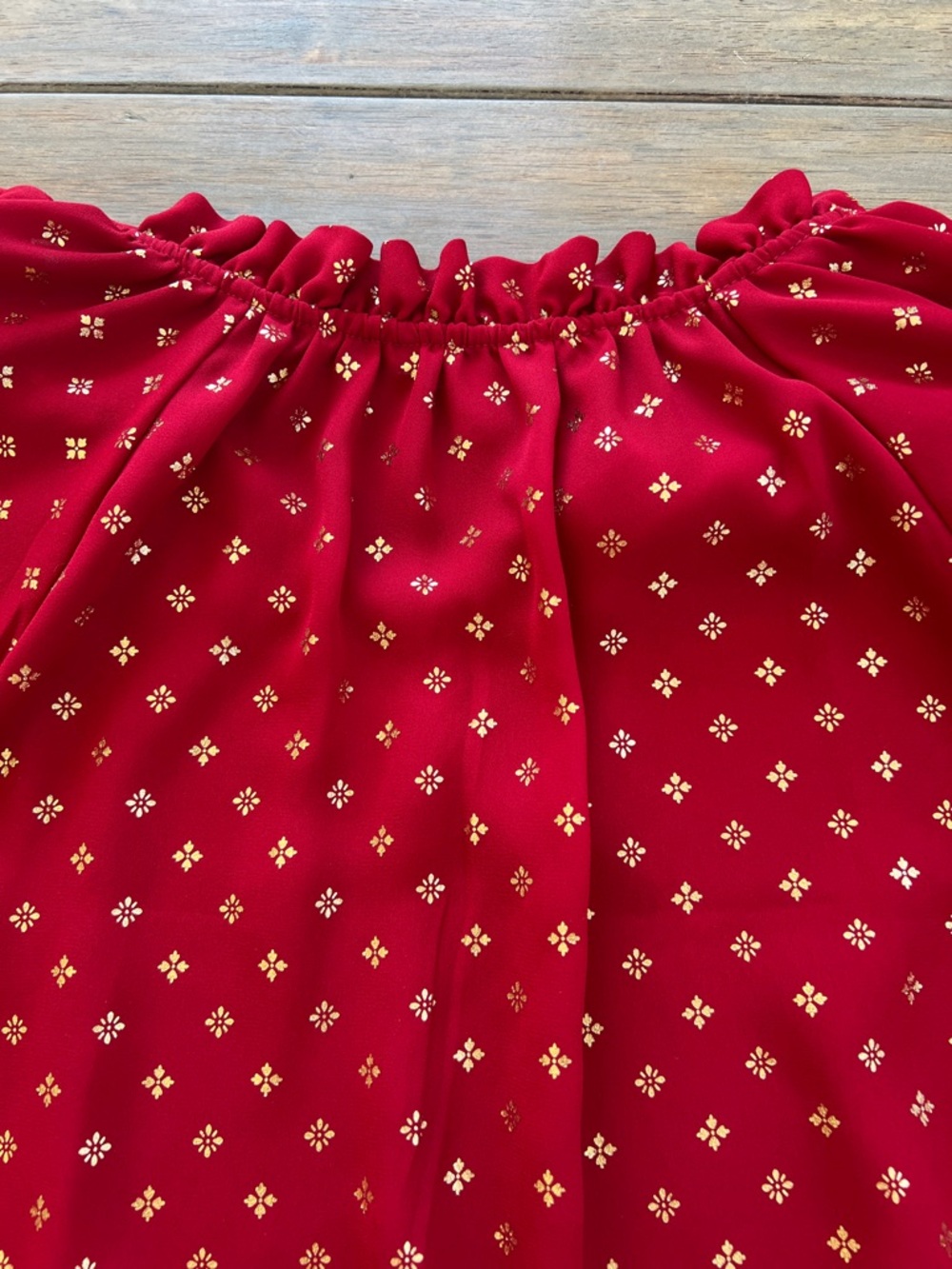 Time and Tru Red Tie-Neck Long-Sleeve Blouse with Gold Dot Print - Picture 9 of 13